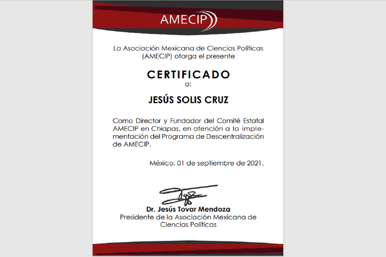 Designación del investigador Jesús Solís Cruz como Director y Fundador del Comité Estatal en Chiapas