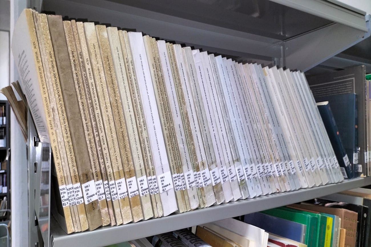  El material bibliográfico incluye producciones de la Fundación Arqueológica Nuevo Mundo, con investigaciones sobre excavaciones en Chiapa de Corzo e Izapa, así como textos sobre las culturas maya, azteca y otras civilizaciones prehispánicas.